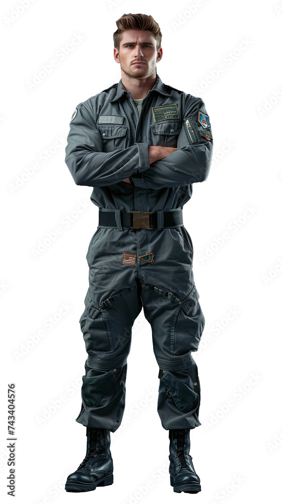 Isolated, transparent, no background, Confident Male Pilot in Uniform with Wingspan Hat and Sunglasses on Gray Background, Full Body Pose Straight to Camera Isolated, transparent, no background, Confident Male Pilot in Uniform with Wingspan Hat and Sunglasses on Gray Background, Full Body Pose Straight to Camera