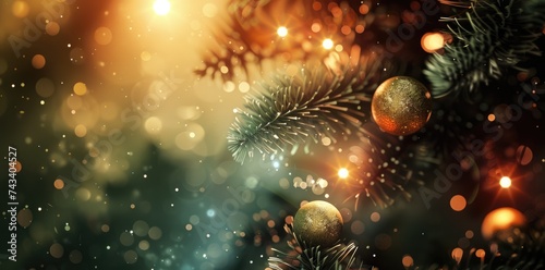Merry Christmas and Happy New Year. Festive bright beautiful background. Decorated Christmas tree on blurred background. de-focused lights  gold bokeh Ai generative 