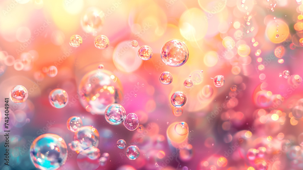 Fototapeta premium a close up photograph of bubbles in colorful liquid, in the style of pink and yellow, background