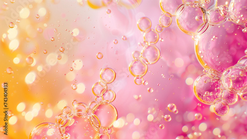 a close up photograph of bubbles in colorful liquid, in the style of pink and yellow, background