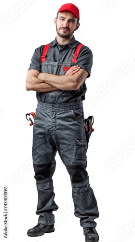 Isolated, transparent, no background, Confident Male Plumber in Gray Uniform with Wrench and Toolbelt - Skilled Worker in Plumbing Industry Fixing Pipe and Equipment