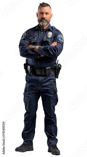 Isolated, transparent, no background, Confident Male Police Officer in Uniform Standing Proudly on Gray Background - Full Body Pose Mockup Stock Photo