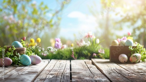 Empty table background with defocused easter theme in background.