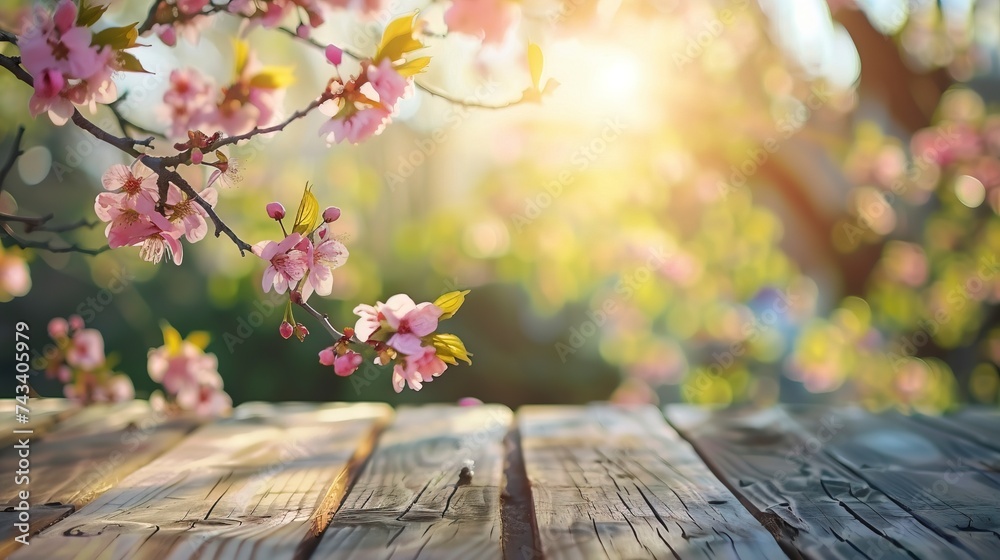 Empty table background with defocused spring theme in background - obrazy, fototapety, plakaty 