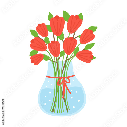 Blue vase with bouquet of red tulips. Spring flowers for March 8. Hand drawn flat cartoon element. Vector illustration