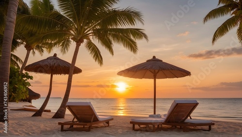 Beautiful tropical sunset scenery, two sun beds, loungers, umbrella under palm tree. White sand, sea view with horizon, colorful twilight sky, calmness and relaxation. Inspirational beach resort hotel © Zulfi_Art
