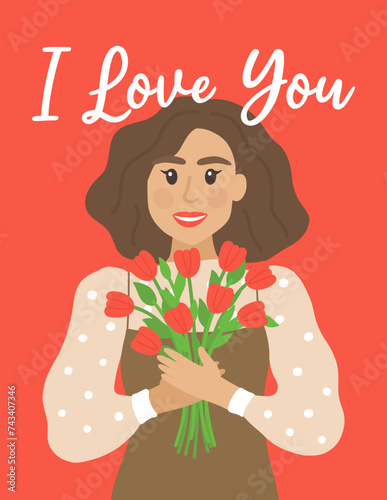 World Mother's Day Card with Girl and Bouquet. Hand drawn flat cartoon element. Vector illustration