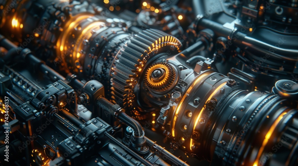 3D render of dark industrial vehicle parts, gears and pipes forming a mesmerizing pattern, stark beauty of engineering, wide angle, hyperrealistic, night, cyberpunk vibe, digital g AI Generative 3D render of dark industrial vehicle parts, gears and pipes forming a mesmerizing pattern, stark beauty of engineering, wide angle, hyperrealistic, night, cyberpunk vibe, digital g AI Generative