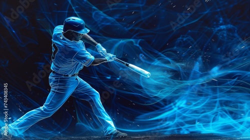 A baseball player in a blue uniform is swinging the bat with all his strength, ready to hit the incoming ball, light painting, sketch, 4K, high resolution, AI Generative