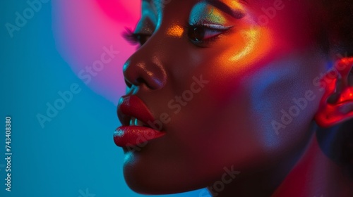A beautiful black woman, close up, minimalism, vibrant colours, plain background, futurism, macro photography, AI Generative