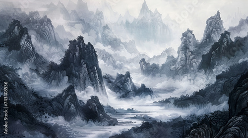 Ancient Chinese Style Painting Drawing of Mountains and Rivers 