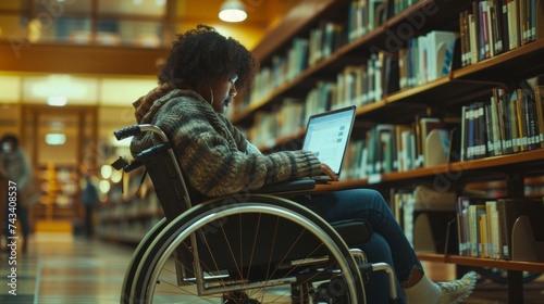 A candid shot of a BIPOC woman in a wheelchair using a laptop at a university library. The environment is studious and accessible, emphasizing her focus on education and personal g, AI Generative