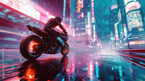 A futuristic scene of a man in cyberpunk gear, speeding on a motorbike, surrounded by neon signs on a Japanese highway Background towering skyscrapers, digital billboards Lighting , AI Generative