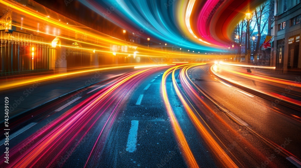 Urban speed light trails, long exposure captures the dynamic energy of the city, abstract and vibrant, a nocturnal dance,, AI Generative