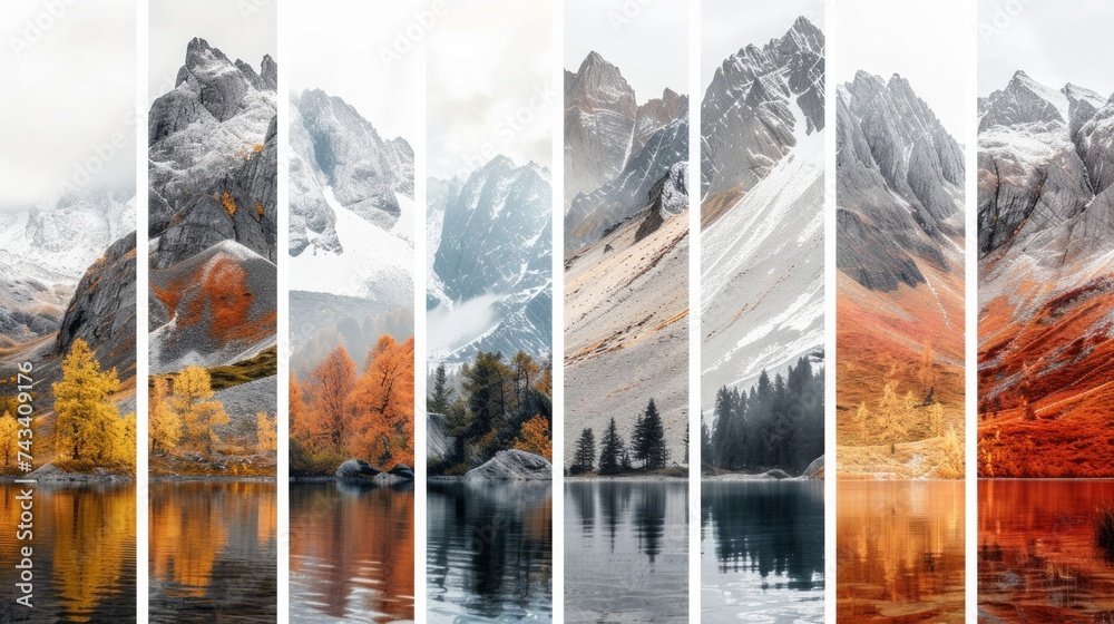 vertical segmented images of abstract landscapes and environments of mountains and snow and lakes and Grass and dirt, AI Generative - obrazy, fototapety, plakaty 