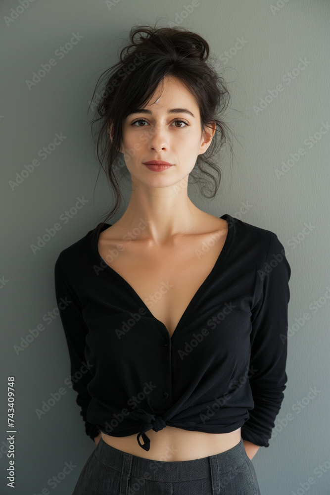 a sensual middle-aged woman, blue eyes, with dark hair front view portrait, beautiful skin a sensual middle-aged woman, blue eyes, with dark hair front view portrait, beautiful skin