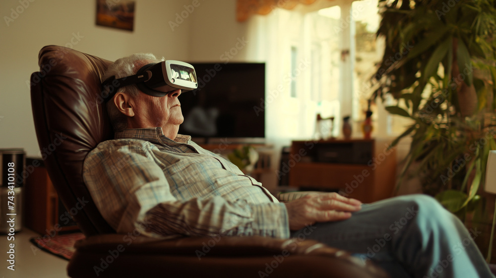 elderly white man wearing V.R. goggles sitting in a chair relaxing in a living room.