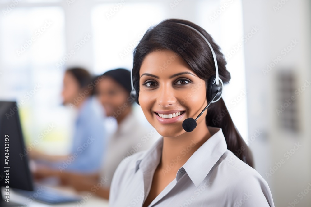 Woman wearing a headset at office call center Woman wearing a headset at office call center
