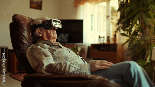 elderly white man wearing V.R. goggles sitting in a chair relaxing in a living room.