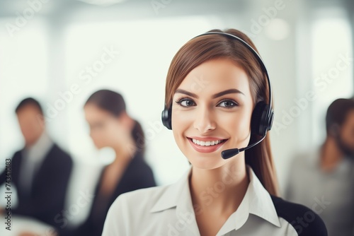 Woman wearing a headset at office call center