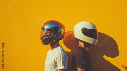 two men wearing motorbike helmets on a golden background, on a bright sunny day, strong shadows. © Michael