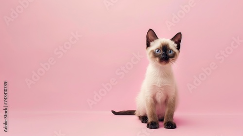 Photo of a Siamese kitten on a uniform pale pink background, copy space.