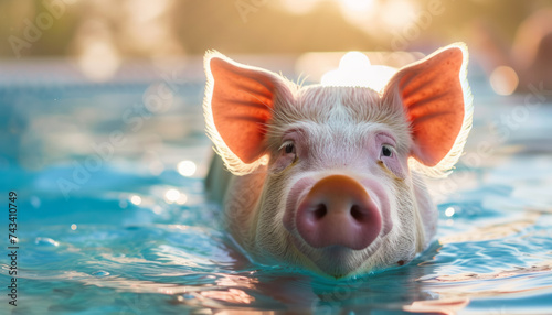 Pig Swimming in Pool at Sunset