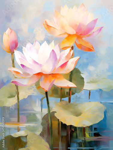 Beautiful mysterious fantastic lotus flower. Oil painting in impressionism style.