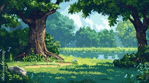 Pixel style natural landscape painting