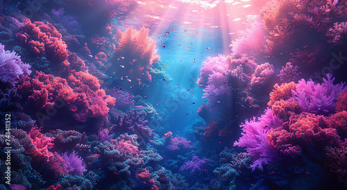 Underwater scene with coral reef and tropical fish. 3d render