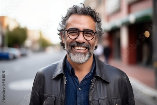 Portrait of a handsome mature man in a leather jacket and glasses