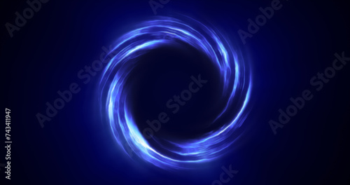 Looped twirl circle of stripes and lines of bright blue beautiful magical energy glowing neon, round frame. Abstract background