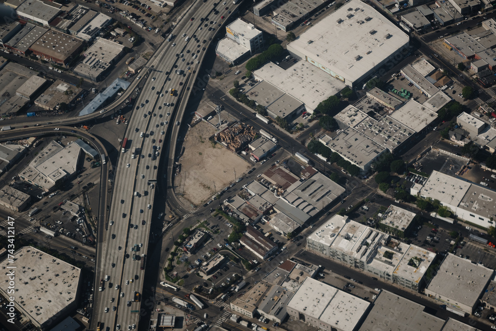 Aerial view of the 10 Freeway in Los Angeles, at the Alameda Street exit. It is a commercial