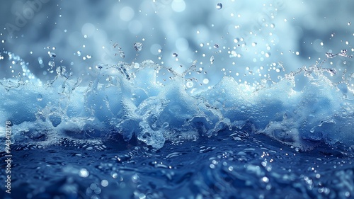 Blue water splashes falling on a liquid wave on an abstract background