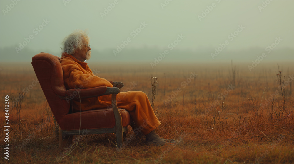 dying elderly man peacefully sitting on a vintage orange clean sofa waiting to crossover to the other side. sitting waiting to go to heaven illustration and dealing with death in a peaceful way. - obrazy, fototapety, plakaty 