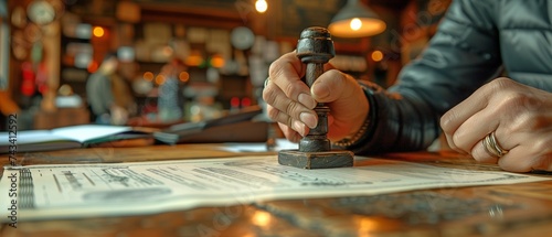 close-up of a person's hand stamping a public document on a desk with an approved stamp on an approval certificate