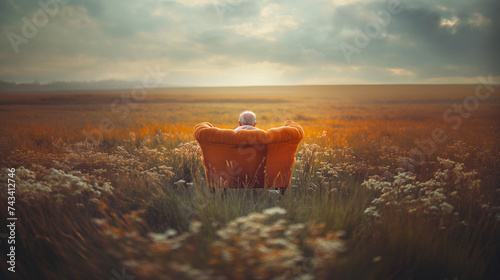 a dying elderly woman peacefully sitting on a vintage orange clean sofa waiting to crossover to the other side. waiting to go to heaven illustration and dealing with death in a peaceful way.