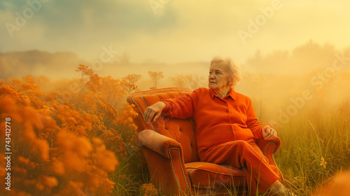 a dying elderly woman peacefully sitting on a vintage orange clean sofa waiting to crossover to the other side. waiting to go to heaven illustration and dealing with death in a peaceful way.