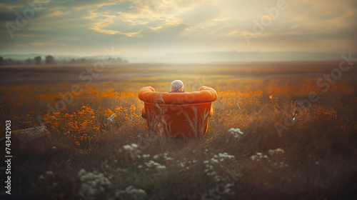 dying elderly man peacefully sitting on a vintage orange clean sofa waiting to crossover to the other side. sitting waiting to go to heaven illustration and dealing with death in a peaceful way.