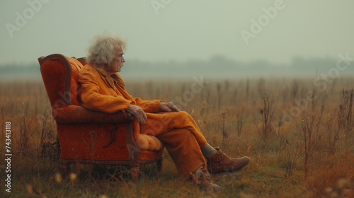 a dying elderly woman peacefully sitting on a vintage orange clean sofa waiting to crossover to the other side. waiting to go to heaven illustration and dealing with death in a peaceful way. photo
