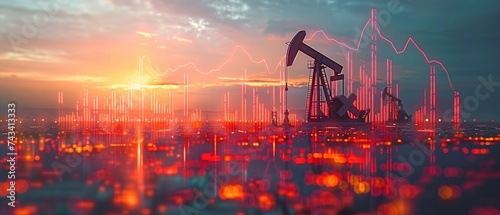 Oil pumps with rising financial graphs at sunrise #743413333