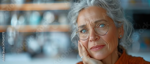 An elderly woman with grey hair experiences excruciating toothache aches during her workday. photo