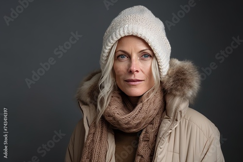 Portrait of a beautiful middle-aged woman in winter clothes.