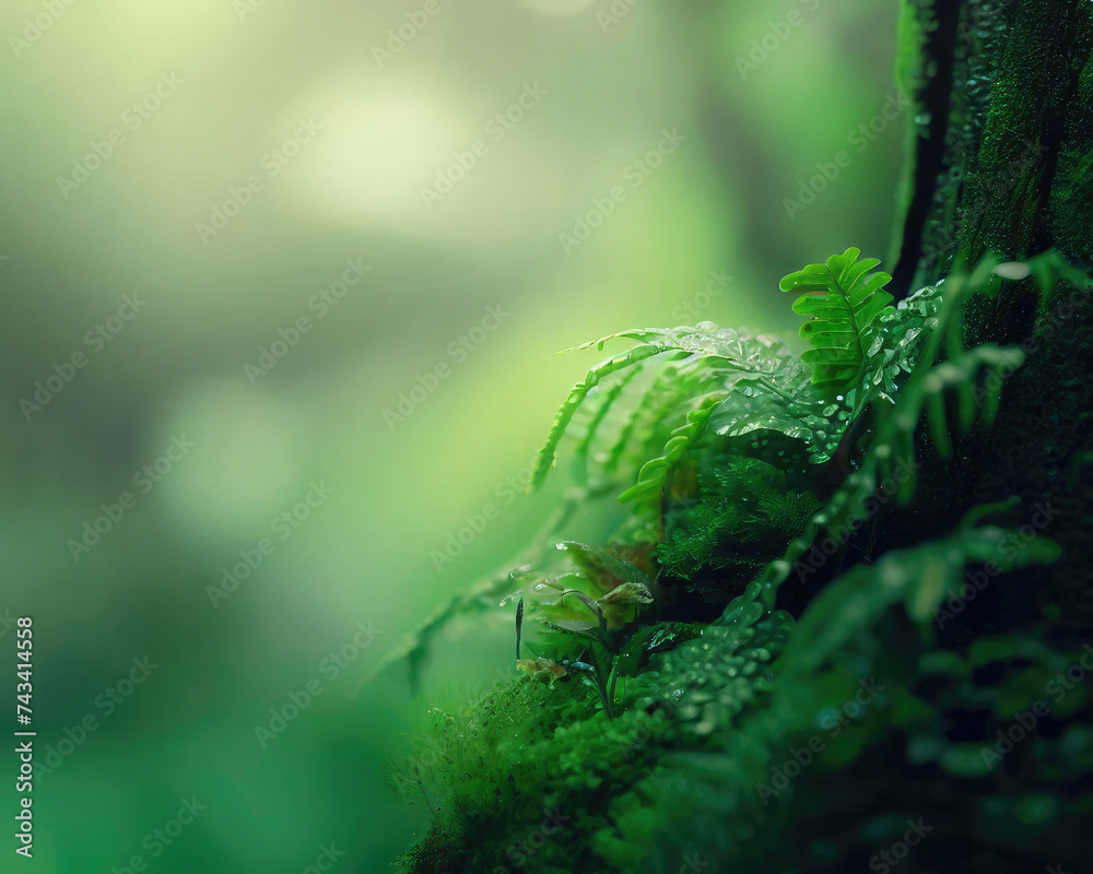 Close-up of ferns and mosses on a tree trunk in rainy forest with copy space as a beautiful background