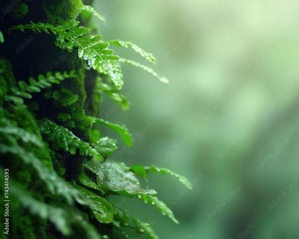 Close-up of ferns and mosses on a tree trunk in rainy forest with copy space as a beautiful background Close-up of ferns and mosses on a tree trunk in rainy forest with copy space as a beautiful background