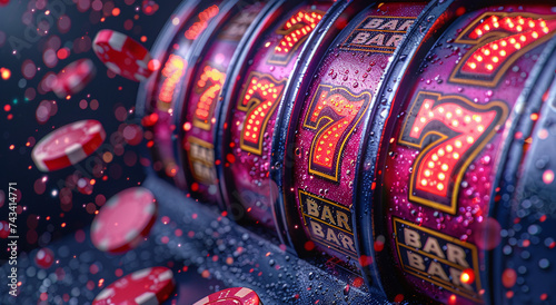 Slot machine reels showing lucky 777 jackpot, surrounded by colorful casino chips and glitter.