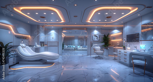 Futuristic interior design of a spacious room with modern furniture, ambient lighting, and sleek surfaces.