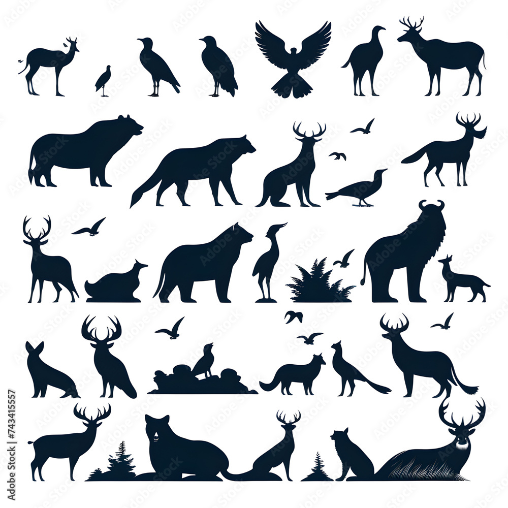 Fototapeta premium Set of animal silhouettes featuring dogs, horses, cats, deer, wolves, elephants, and more in vector illustration