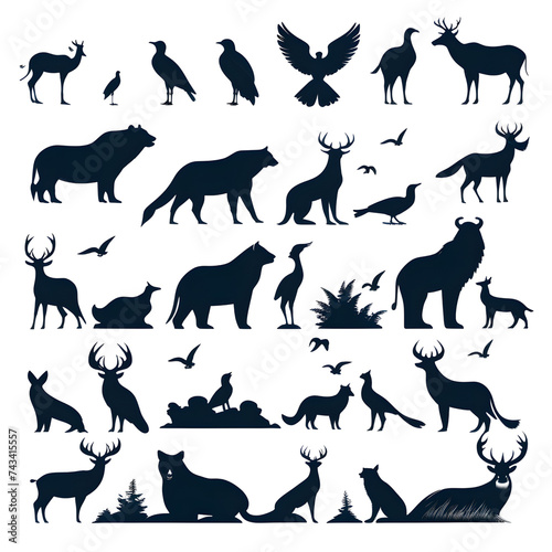 Set of animal silhouettes featuring dogs  horses  cats  deer  wolves  elephants  and more in vector illustration