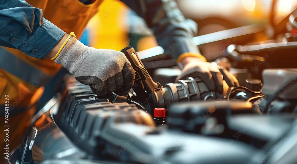 Mechanic in gloves working on car engine, close-up of hands with tools in auto repair shop. Mechanic in gloves working on car engine, close-up of hands with tools in auto repair shop.